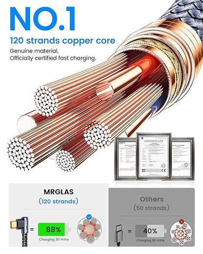 MRGLAS USB C Cable 3.2A【Upgraded 90°& Gold-Plated】, [4-Pack,10+6.6+3.3+1.6FT] Type C Fast Charging Cable Right Angle Nylon Braided USB A to USBC Cord for iPhone 17/16 Samsung S25 Ultra S10 Note 10
