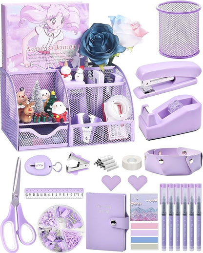 Purple Desk Accessories, 26Pcs Office Supplies and Desk Organizers, with Tape Dispenser, Stapler, Staple Remover Ect, Christmas Gifts