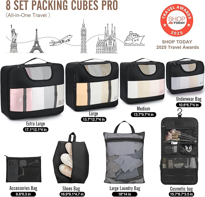 Veken 10 Set/8 Set Packing Cubes for Travel Essentials, Suitcase Organizer Bags in 4 Sizes, Carry-On Luggage Accessories with Laundry & Toiletry Bag, Airplane Must-Have, Road Trip & Camp Gifts for Men