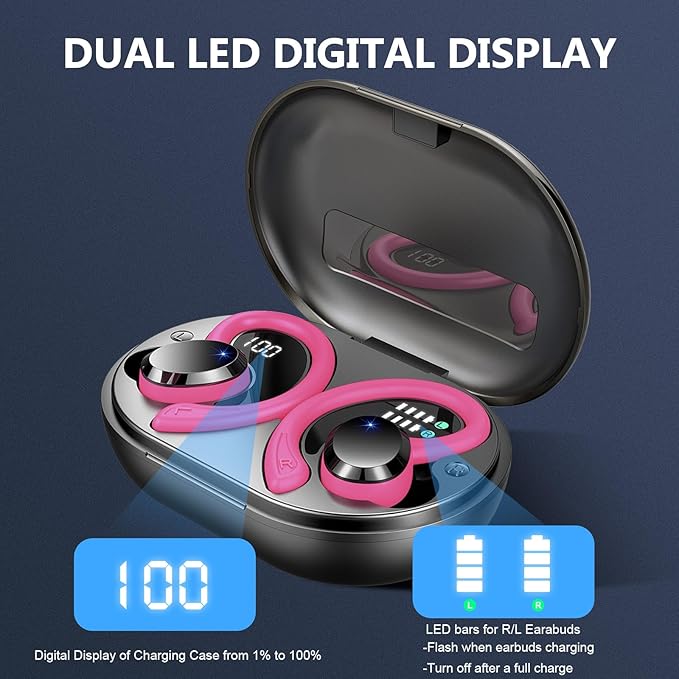 Wireless Earbud, Bluetooth 5.4 Headphones IP7 Waterproof for Sport, 48H Running Wireless Earphones with ENC Noise Cancelling Mic, Deep Bass Over Ear bud with Earhooks for Android, iOS, Workout, Gym