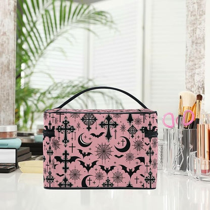 MNSRUU Makeup Bags, Black Gothic Moon Spider Webs and Bats Makeup Organizer Bags Toiletry Bag Box Travel Cosmetic Bag Make Up Train Case for Women Teen Girl Ladies