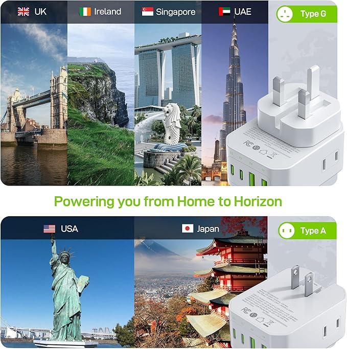 EPICKA Hybrid International Power Adapter for US to England, Foldable & Detachable Type G (UK) VisaPlug, 8-in-1 Travel Plug Adapter with 4 USB Ports (2 USB-C PD 20W), Travel Dormestic Essentials