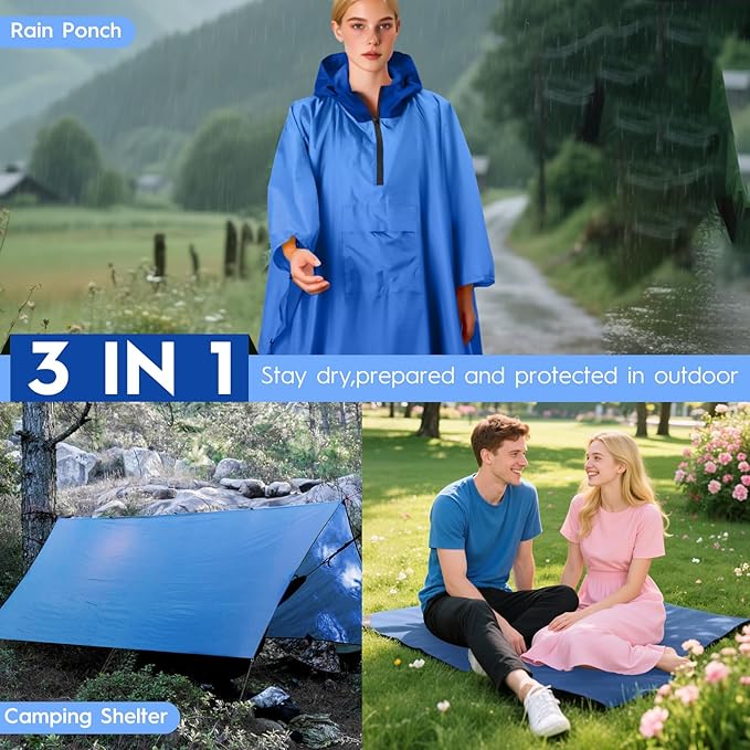 Bruvoalon 3-in-1 Rain Poncho with 1/4 Zip & Chest Pocket, Waterproof, Sunshade, Ground Mat for Adults & Youth Emergency