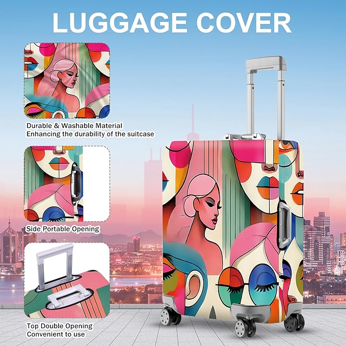 ANNA QUEEN Modern Art Fashion Luggage Cover, Stylish Abstract Woman Suitcase Protector, Washable, Stretchable Travel Sleeve for 32-34 Inch Luggage, Trendy, Colorful Design