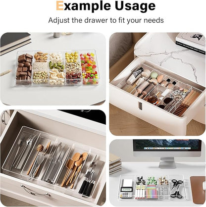 Expandable Desk Drawer Organizer, Acrylic Drawer Organizer Trays with 11 Adjustable Compartments 6 Removable Dividers Desk Accessories for Makeup Utensil Junk Office Kitchen Bathroom ( Clear, 2Pcs )