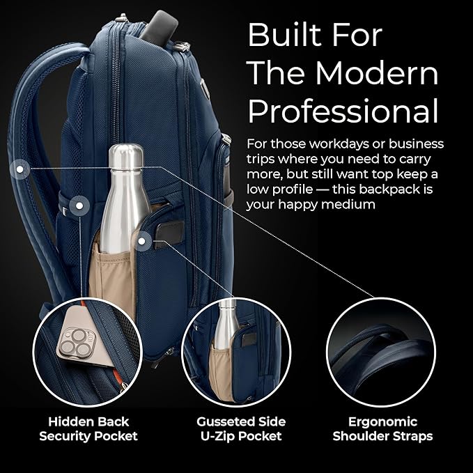 Briggs & Riley Medium Backpack for Women & Men - Laptop Backpack, For Work & Travel, Carry On Size, Lightweight & Durable, Padded Straps, Fits up to 14" Laptop - @work Collection, Navy