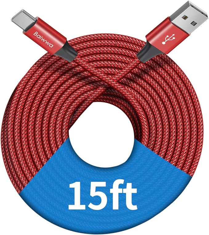 Baiwwa Long USB C Cable 15ft, USB A to Type C Cable Charger Cord Premium Nylon Braided for iPhone 16 15 Series Samsung Galaxy Note Tab, Moto, LG, Pixel and More USB C Smartphone & Tablet