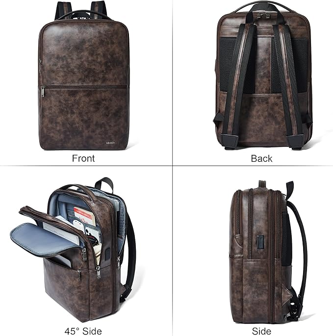 Shrrie Vegan Leather Laptop Backpack for Women&Men,16 Inch Expandable Backpack with USB Charging Port,Two-toned Coffee