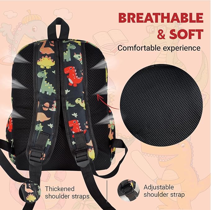 Kids Backpack for Preschool Kindergarten - 15 Inch Lightweight Dinosaur Cute School Bag for Boys Girls Ages 3-8, Black