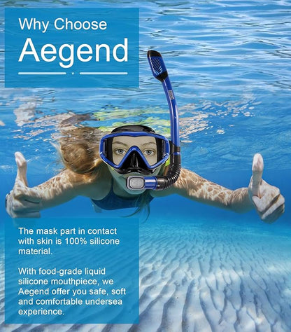Aegend Snorkeling Gear for Adults Youth Kids, Dry Snorkel Set Panoramic View Enhanced Anti-Leak and Anti-Fog Technology, Adjustable Strap for Snorkeling Scuba Diving Swimming with Mesh Bag