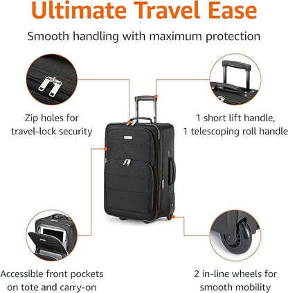 Amazon Basics Luggage Sets, Carry-On 23-Inch, tote 15-Inch, Suitcase With Wheels, Expandable Extra Space (+15%), Front Pockets and Telescopic Handle, Black