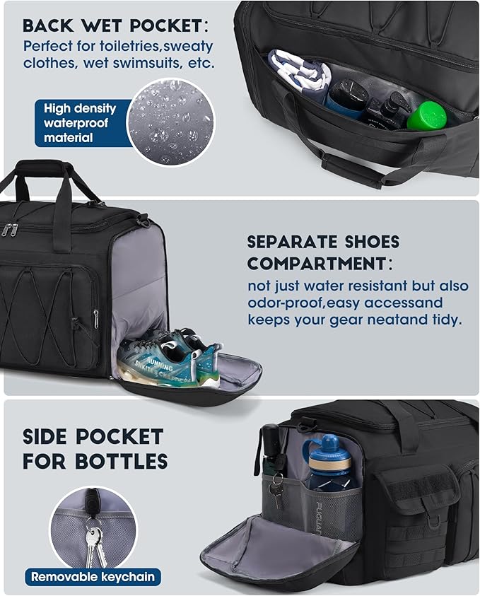 SDYSM Gym Bag for Men 45L Sports Duffel Bags 3-in-1 Travel Duffel Bag with Shoe Compartment, Gym Workout Backpack Carry On Weekender Bag Overnight Bag for Travel, Black