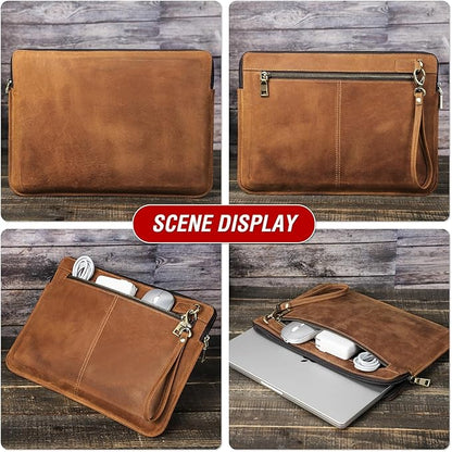 Top Grain Leather 14.2" Slim Laptop Sleeve Case Bag, Vintage Design with 2 Zip Pockets, Handmade, Compatible with MacBook Pro 14" 2021 2022 M1 Pro/M1 Max A2442 & Other PC, Brown 14.2 Inch