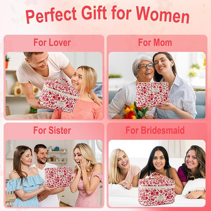 3Pcs Cotton Quilted Makeup Bag for Women Girls Large Small Travel Floral Cosmetic Bag Set Hot Pink Floral Print Zipper Make Up Pouch Aesthetic Cloth Flower Storage Toiletry Bags Organizer
