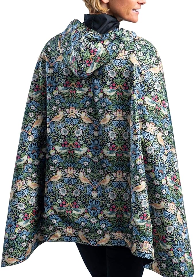 RainCaper Rain Poncho for Women - Reversible Rainproof Hooded Cape in Gorgeous Ultrasoft Colors (Black/Wm Morris Strawberry Thief)