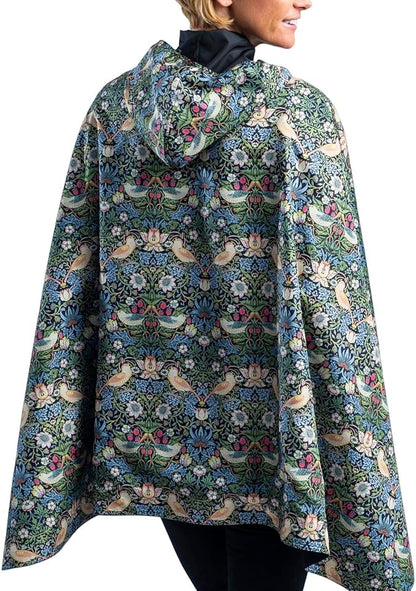 RainCaper Rain Poncho for Women - Reversible Rainproof Hooded Cape in Gorgeous Ultrasoft Colors (Black/Wm Morris Strawberry Thief)