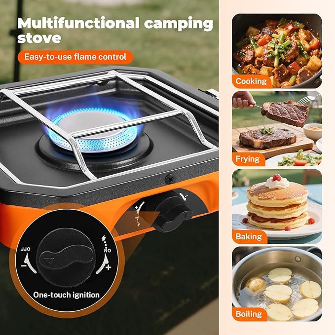 Dollate 2-Burner Propane Stove with Griddle and Carrying Bag, Portable Foldable Camping Stove with 2 Adjustable Burners 16000 BTUs,for Camping Tailgating Essentials Gear (Orange)