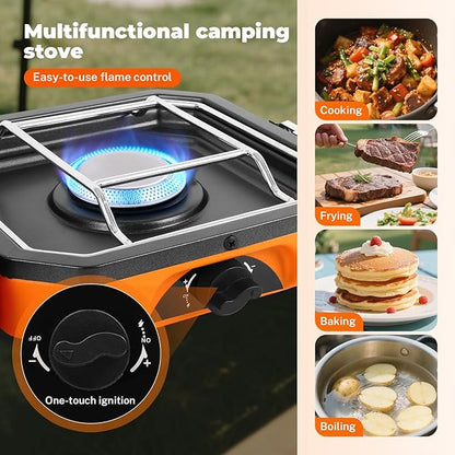 Dollate 2-Burner Propane Stove with Griddle and Carrying Bag, Portable Foldable Camping Stove with 2 Adjustable Burners 16000 BTUs,for Camping Tailgating Essentials Gear (Orange)