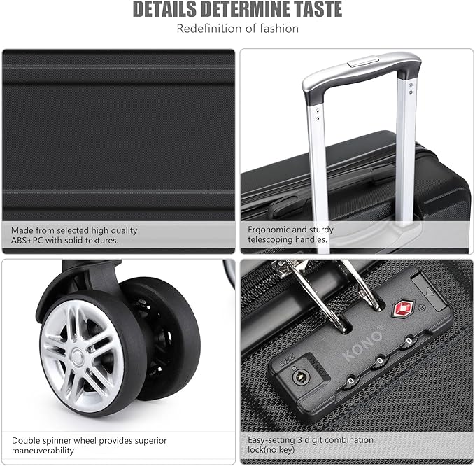Kono Carry on Luggage with Spinner Wheel TSA Lock Lightweight PC+ABS Hardside Luggage Durable Small Carry on Suitcase(20 Inch, Black)