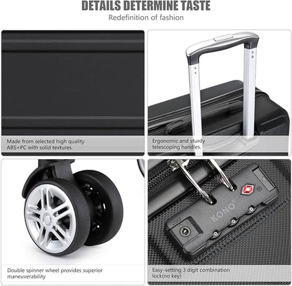 Kono Carry on Luggage with Spinner Wheel TSA Lock Lightweight PC+ABS Hardside Luggage Durable Small Carry on Suitcase(20 Inch, Black)