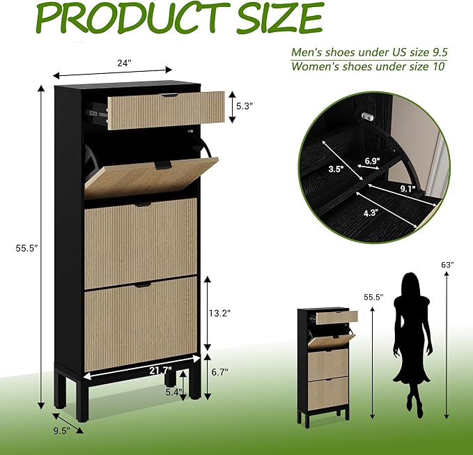 GAOMON Shoe Cabinet with 3 Flip Drawers, Entryway Cabinet with Adjustable Shelves, Accommodate 12 to 18 Pair of Shoes, Space-Saving Slim Shoe Cabinet for Entryway, Hallway, Front Door, Black Oak