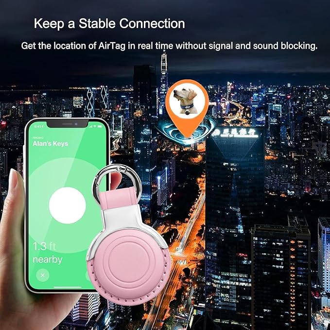 Genuine Leather for AirTag Holder Keychain for AirTag - Premium Handmade Protective Case Cover Accessories with Key Ring, Secure Hidden Design, All-in-One Package, Blossom Pink