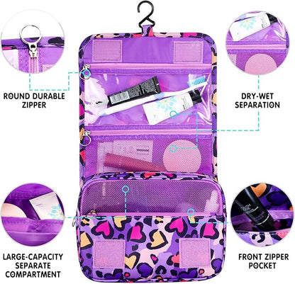 Kids Hanging Toiletry Bag for Girls, Travel Toiletry Bag for Little Young Girls Cosmetic Makeup Waterproof Wash Bag Toddler Traveling Toiletries, Leopard Purple