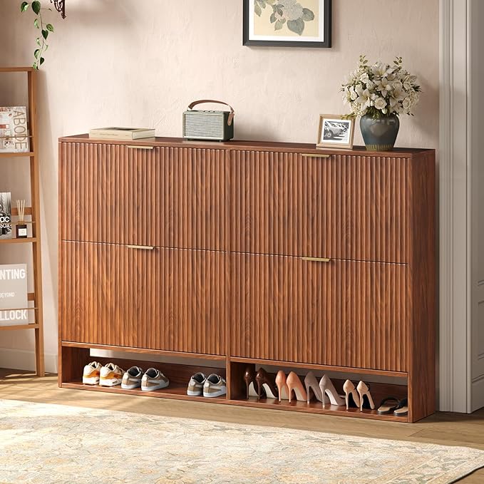 47.2''W Walnut Shoe Storage Cabinet for Entryway with 4 Flip Drawers, Fluted Slim Shoe Cabinet, Free Standing Wooden Shoes Organizer for Foyer, Hallway