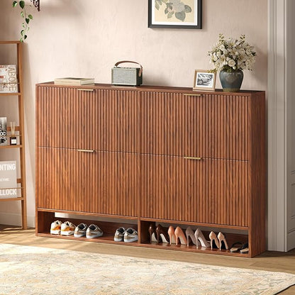 47.2''W Walnut Shoe Storage Cabinet for Entryway with 4 Flip Drawers, Fluted Slim Shoe Cabinet, Free Standing Wooden Shoes Organizer for Foyer, Hallway