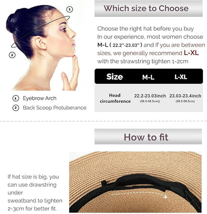 FURTALK Womens Summer Straw Sun Hats Wide Brim Panama Fedora Beach Hat with Wind Lanyard UPF 80+