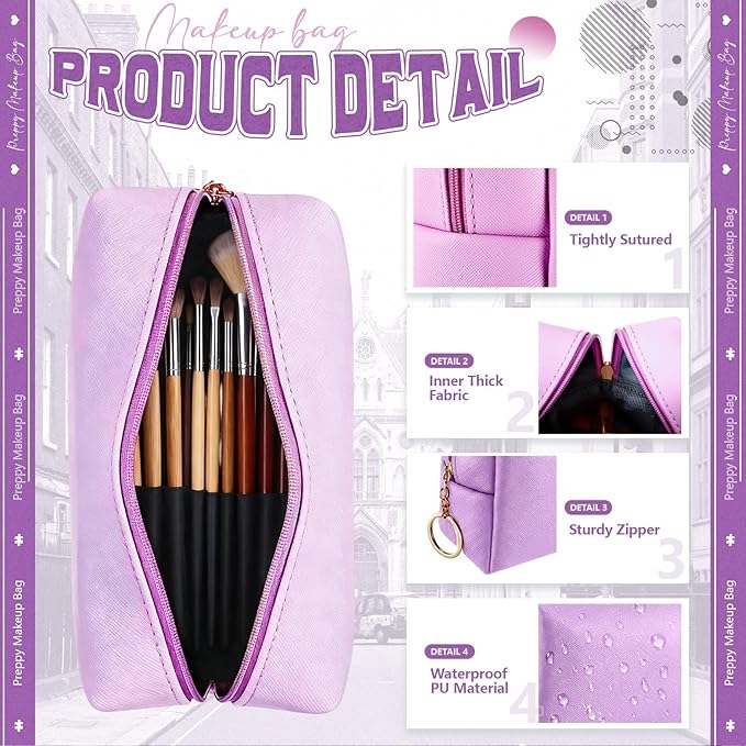 Chunful 24 Pcs Preppy Makeup Bag PU Leather Cosmetic Bag Bulk Makeup Plain Pouch Waterproof Toiletry Purse for Women Traveling Preppy Pencil Case Travel Purse Cosmetic (Light Purple)