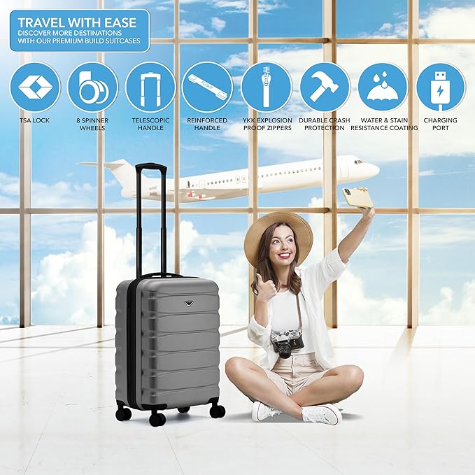 Flight Knight 24x16x10 Expandable Carry On Suitcase Hardside TSA Lock USB C Lightweight Luggage Silent Double Spinner Wheels Maximum Overhead Carry-On Bag For Virgin & South West Approved Airlines