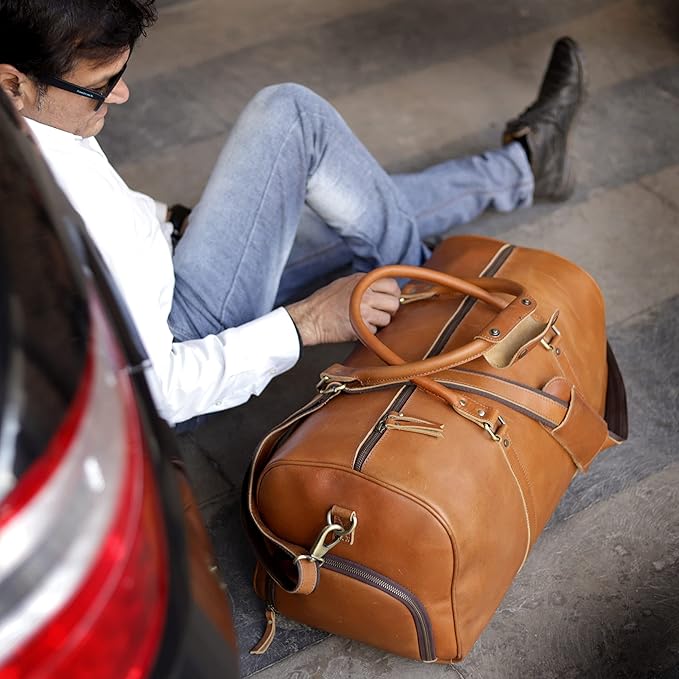 Leather Travel Bag,Weekender Overnight Bag Leather Large Carry On Bag Travel Tote Duffel Bag for Men & Women (Tan Brown)