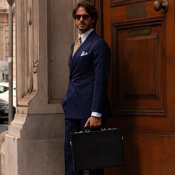 Time Resistance Leather Attache Case - Full Grain Italian Leather Briefcase - Laptop Bag up to 15” - Hard Case with Lock