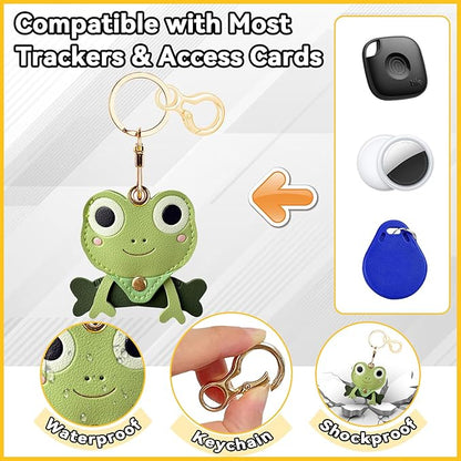 Leather Keychain for Airtag, Cute Protective Keychain Holder Compatible with Apple Air Tag,GPS Item Tracker Case Cover for Keys,Bags,Pets,Luggage(Frog)