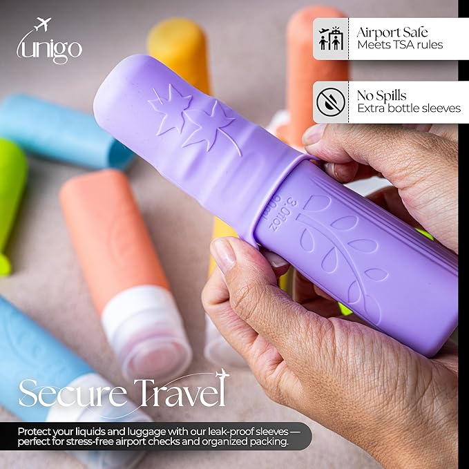 unigo Travel Bottles For Toiletries, 5-pack 3.oz TSA Aprroved Travel Size Bottles, Containers For Toiletries, BPA Free, Leak Prrof, Refillable Containers Bottles (MultiColor A)