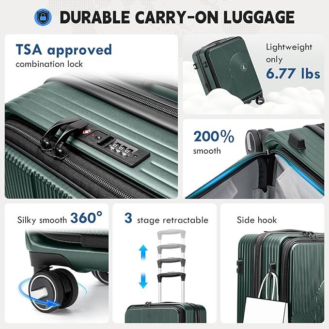 RAINSMORE Carry on Luggage Airline Approved, 20 Inch Expandable Hard Sided Carry on Suitcase with Spinner Wheels, Hard Shell Small Rolling Travel Luggages for Women Men with Tsa Lock, Green