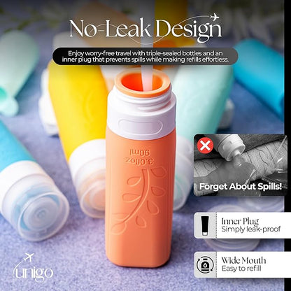 unigo Travel Bottles For Toiletries, TSA Approved Containers, Travel Size Toiletries, Shampoo and Conditioner Bottles, Leak Proof and Refillable Bottles, BPA Free, Extra Bottle Covers (Multicolor B)