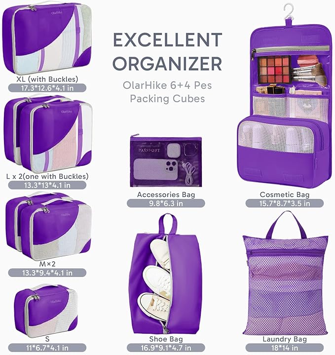 ALL INCLUDED 10 Set Durable Packing Cubes for Suitcases,OlarHike Essentials for Travel,UPGRADED Anti-Tear Stitching, NEW Improved Luggage Packing Organizers for Travel Accessories (Lavender)