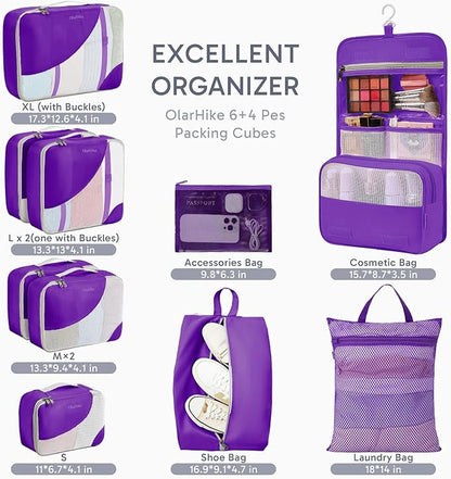 ALL INCLUDED 10 Set Durable Packing Cubes for Suitcases,OlarHike Essentials for Travel,UPGRADED Anti-Tear Stitching, NEW Improved Luggage Packing Organizers for Travel Accessories (Lavender)