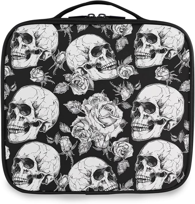 MNSRUU Travel Makeup Bag, Gothic Skulls and Flowers Women Makeup Case Organizer Cosmetic Toiletry Bag for Teenage Girl with Adjustable Dividers