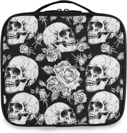 MNSRUU Travel Makeup Bag, Gothic Skulls and Flowers Women Makeup Case Organizer Cosmetic Toiletry Bag for Teenage Girl with Adjustable Dividers