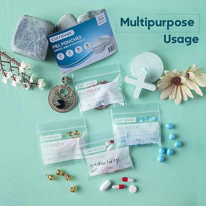 Pill Bags for Travel Pack of 540 - BPA Free 3 x 2.75 inch Pill Pouch - Reusable Pill Pouches for Medicine with Write on Label –Clear Ziplock Pill Baggies for Travel Medicine Organizer