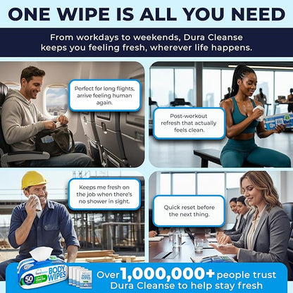 Dura Cleanse Body Wipes for Adults No Rinse Bathing (2 Pack) 100 XL Shower Cloths + 8 Travel Sheets – 10" x 11.5" Thick Disposable Washcloths for Camping & Elderly Care