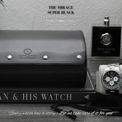 Black Watch Case for Men - 6-watch Roll Travel Case by Mirage - Super Black motif design