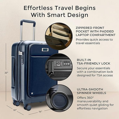 Briggs & Riley Essential 22" Carry-On Expandable Spinner - Carry On Luggage for Travel, Suitcases with Wheels, Hardside Rolling Bag for Men & Women, Front Pocket - Sympatico Collection, Navy