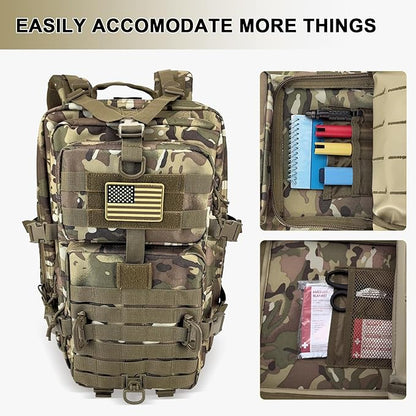 MOLLE Assault Backpack, Tactical Backpack Military Army Camping Rucksack, 3-Day Pack Trip w/USA Flag Patch, D-Rings, Cp