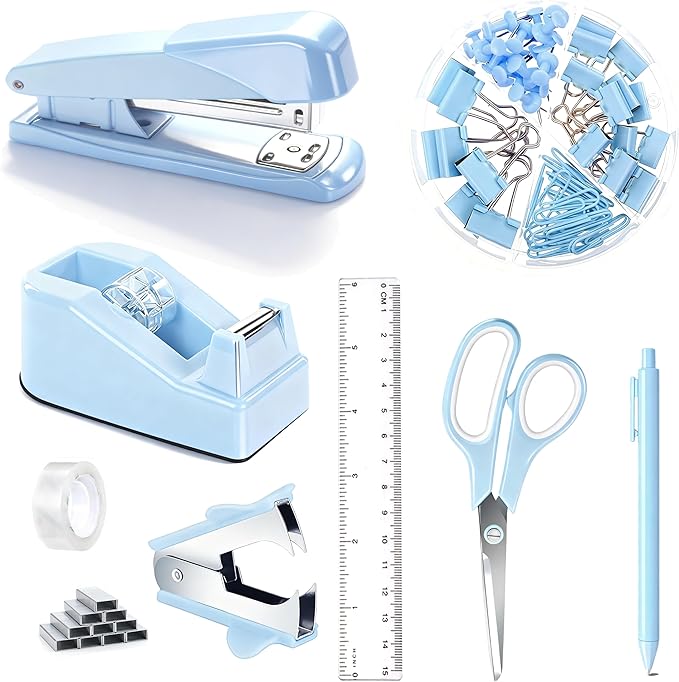 Blue Desk Accessories, Blue Office Supplies Accessories with Tape Dispenser, Stapler, Staple Remover, 1000 Staples, Tape, Clips Set, Ruler, Scissor, Pen