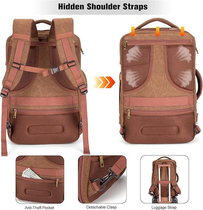 Tzowla 40L Canvas Expandable Travel Laptop Backpack for Men Women Carry on Flight Approved,Large Capacity Anti Theft Backpacks with USB Port,Vintage Personal Item Bag Fit 17.3" Laptop(Brown & Khaki)