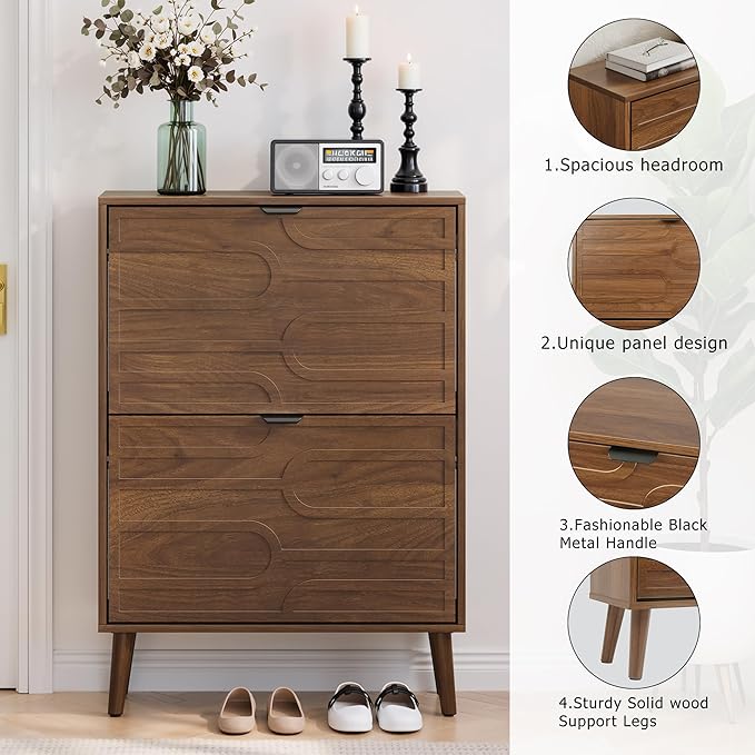Spaco Walnut Shoe Storage Cabinet with 2 Flip Drawers for Entryway,Narrow Shoe Rack Organizer Cabinet with Doors for Hallway,Entrance